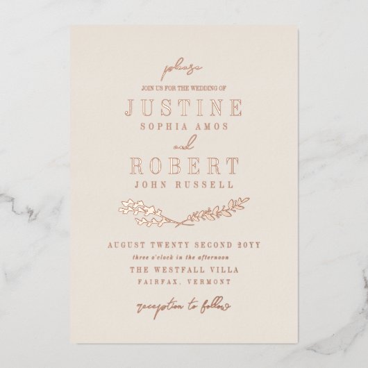 Ivory & Roos Gold Crossed Greenery Wedding Folie Uitnodiging (Voorkant)