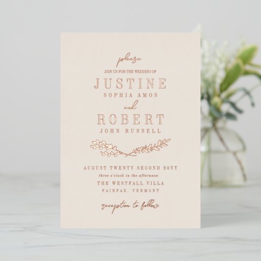 Ivory & Roos Gold Crossed Greenery Wedding Folie Uitnodiging (Staand Voorkant)