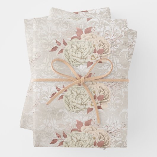  Ivory Roos Gold Floral Damask Patroon Inpakpapier Vel (In situ)