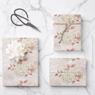  Ivory Roos Gold Floral Damask Patroon Inpakpapier Vel