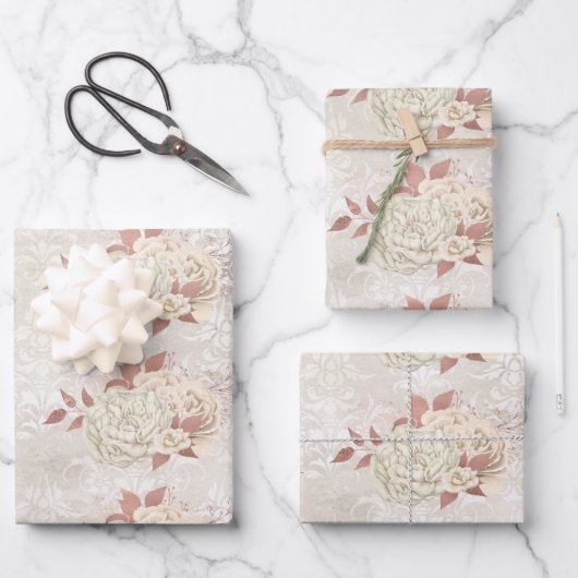  Ivory Roos Gold Floral Damask Patroon Inpakpapier Vel (Voorkant)
