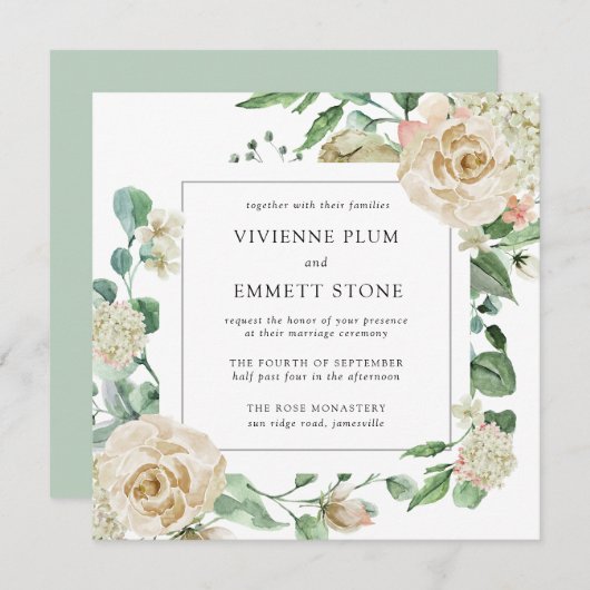 Ivory Roos Hydrangea Floral Square Weddenschap (Voorkant / Achterkant)