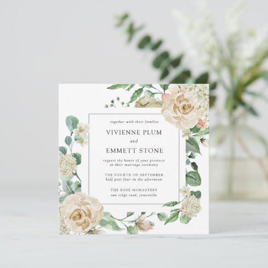 Ivory Roos Hydrangea Floral Square Weddenschap (Staand voorkant)