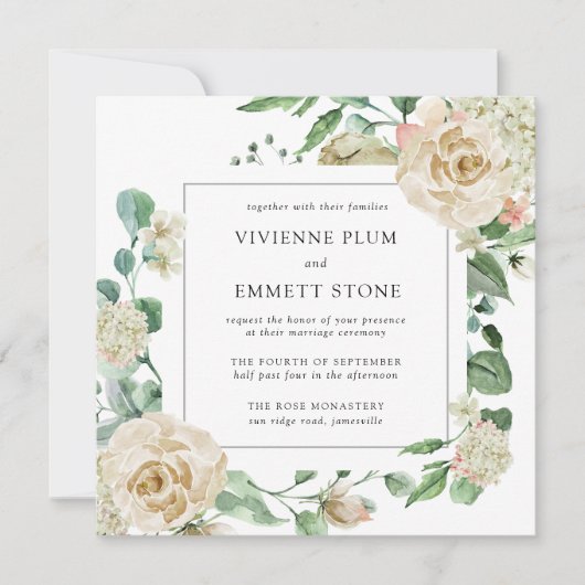 Ivory Roos Hydrangea Floral Square Weddenschap (Voorkant)