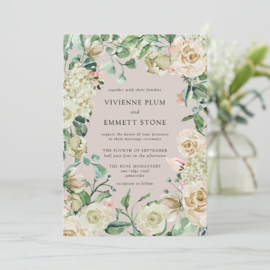 Ivory Roos Hydrangea Floral Wedding Kaart (Staand voorkant)