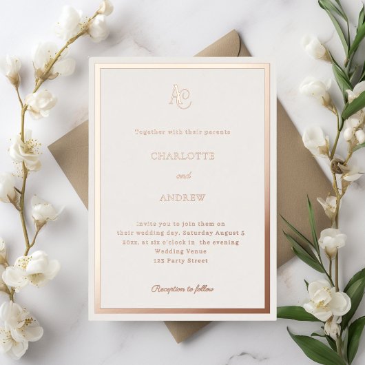 Ivory rose gold modern monogram luxury wedding folie uitnodiging
