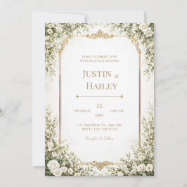 Ivory Rose Ornate Gold Border Wedding Kaart