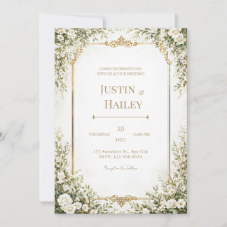 Ivory Rose Ornate Gold Border Wedding Kaart