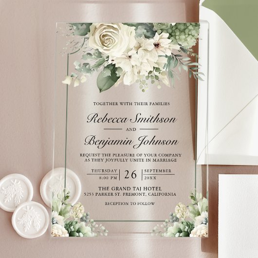 Ivory Rose Sage Green Floral Wedding Acryl Uitnodigingen