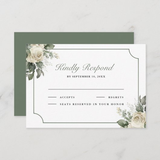 Ivory Rose Sage Green Floral Wedding RSVP Kaartje (Voorkant / Achterkant)