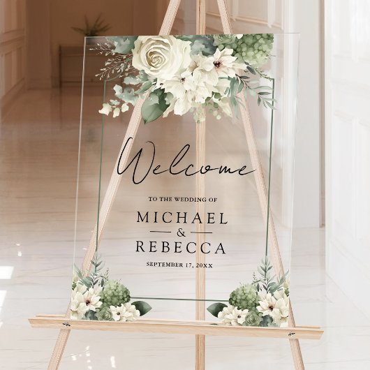 Ivory Rose Sage Green Floral Wedding Welcome Acryl Bord