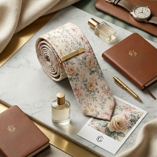 Ivory Rose & Wildflower  Soft Vintage Floral Stropdas