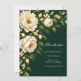 Ivory Roses & Emerald Winter Save the Date Kaart