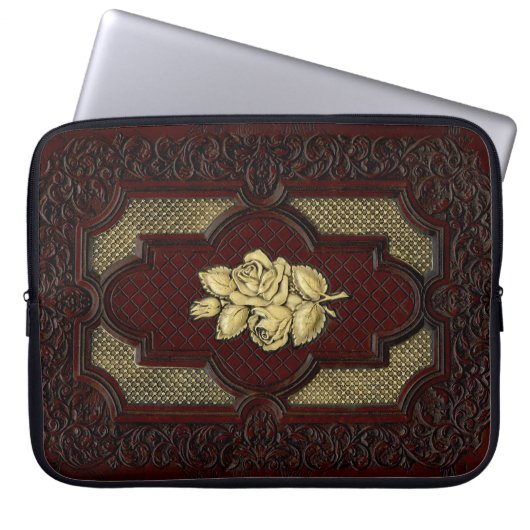 Ivory Roses on Mahogany Leather Laptop Sleeve (Voorkant)