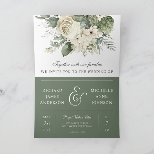 Ivory Roses Sage Green Floral QR Code Wedding (Binnen)