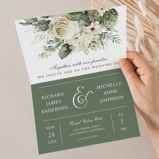 Ivory Roses Sage Green Floral QR Code Wedding