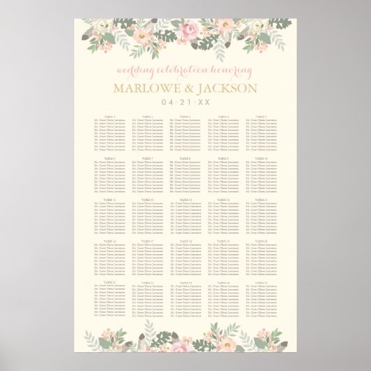 Ivory roze en Gold Floral Boho Wedding Seating Poster (Voorkant)