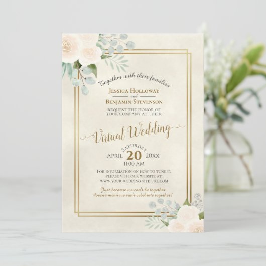 Ivory Rozen & Eucalyptus Elegant Virtual Wedding Kaart (Staand voorkant)