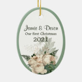 Ivory Rozen Nieuwste Weds Eerste Kerstmis Keramisch Ornament (Achterkant)