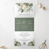 Ivory Rozen Sage Green Floral QR Code Weddenschap Drieluik Uitnodiging (Binnen)