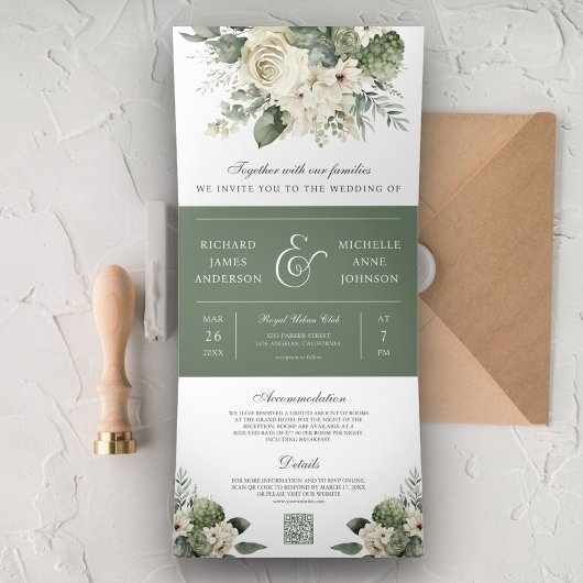 Ivory Rozen Sage Green Floral QR Code Weddenschap Drieluik Uitnodiging