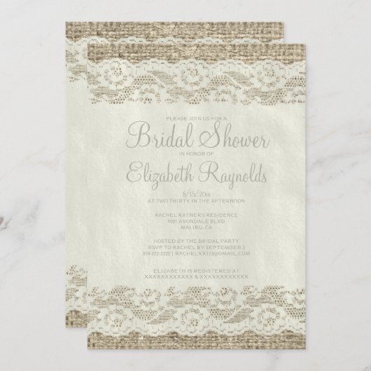 Ivory Rustic Lace Bridal Shower Invitations Kaart (Voorkant / Achterkant)