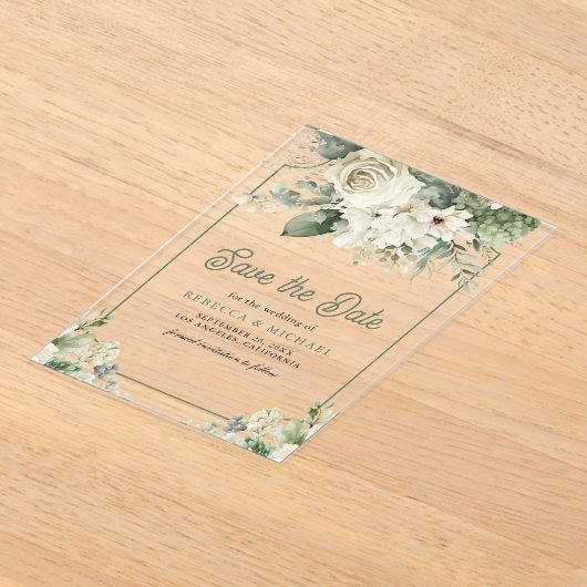 Ivory Sage Green Floral Wedding Save the Date Acryl Uitnodigingen (Laagn)