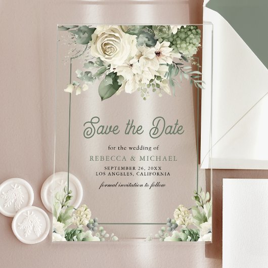 Ivory Sage Green Floral Wedding Save the Date Acryl Uitnodigingen