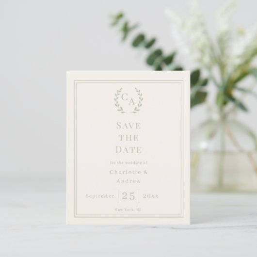 Ivory sage green monogram wedding Save the Date (Staand voorkant)