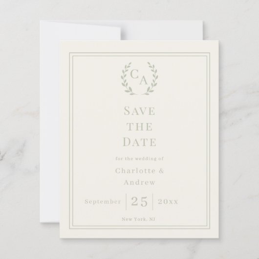 Ivory sage green monogram wedding Save the Date (Voorkant)