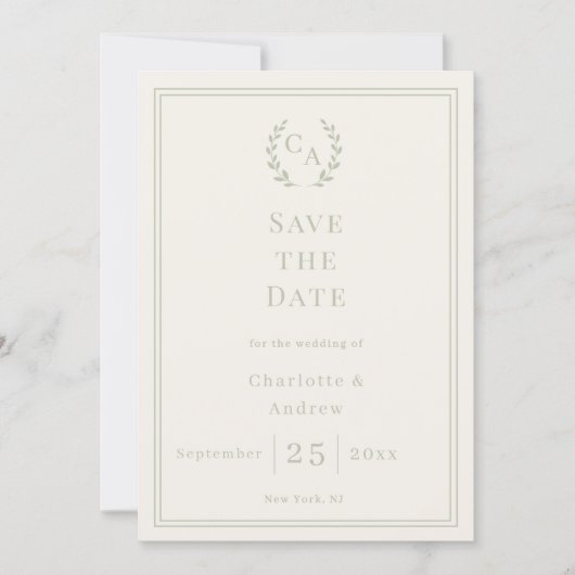 Ivory sage green monogram wreath wedding save the date (Voorkant)