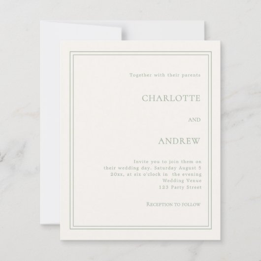 Ivory sage green simple luxury wedding invitation (Voorkant)