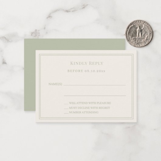 Ivory sage green wedding response RSVP Notitiekaartje (Voorkant / Achterkant in situ)