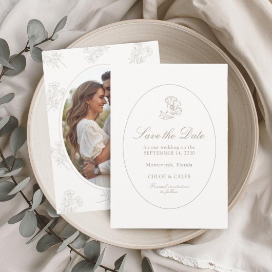 Ivory & Sand | Chic Bloemig Koppel Script Bruiloft Save The Date