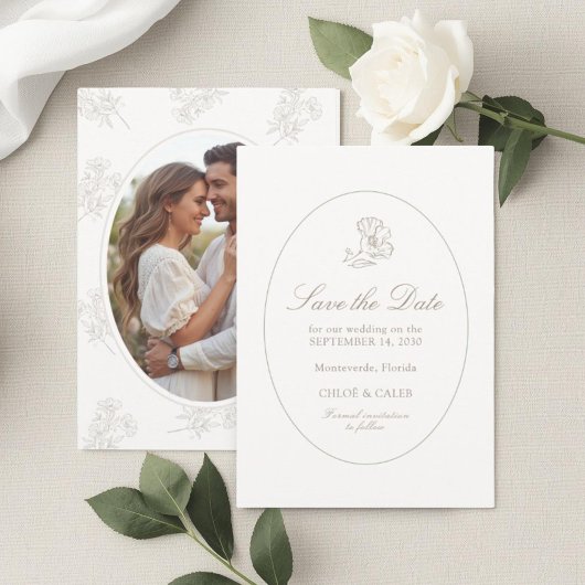 Ivory & Sand | Chic Bloemig Koppel Script Bruiloft Save The Date