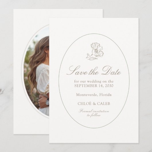 Ivory & Sand | Chic Couple Script Trouwkaart Save The Date (Voorkant / Achterkant)