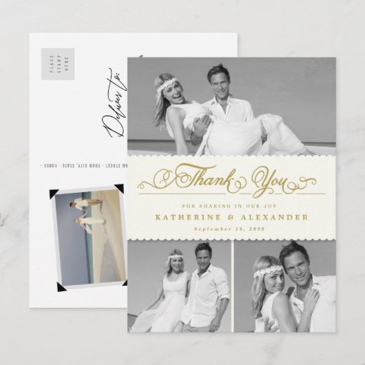 Ivory Scalloped Band 3 Foto Weddenschap Bedankt Po Briefkaart (Voorkant / Achterkant)