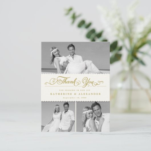 Ivory Scalloped Band 3 Foto Weddenschap Bedankt Po Briefkaart (Staand voorkant)
