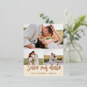 Ivory Script 3 Foto's Trouwdatum Besparen Folie Uitnodiging Briefkaart (Staand Voorkant)