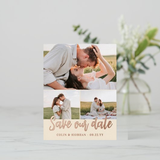 Ivory Script 3 Foto's Trouwdatum Besparen Folie Uitnodiging Briefkaart (Staand Voorkant)