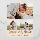 Ivory Script 3 Foto's Trouwdatum Besparen Folie Uitnodiging Briefkaart (Voorkant)