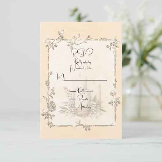 Ivory Shiny Elegant Sparkly Frame  RSVP Kaartje (Staand voorkant)