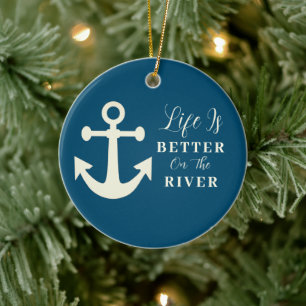Ivory & Slate Blue Life is beter op de rivier Keramisch Ornament