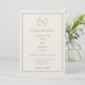 Ivory taupe krans monogram luxe trouw kaart (Staand voorkant)