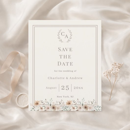 Ivory taupe monogram floral wedding Save the Date