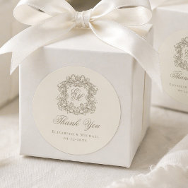 Ivory Taupe Monogram Wedding Crest Thank You Ronde Sticker