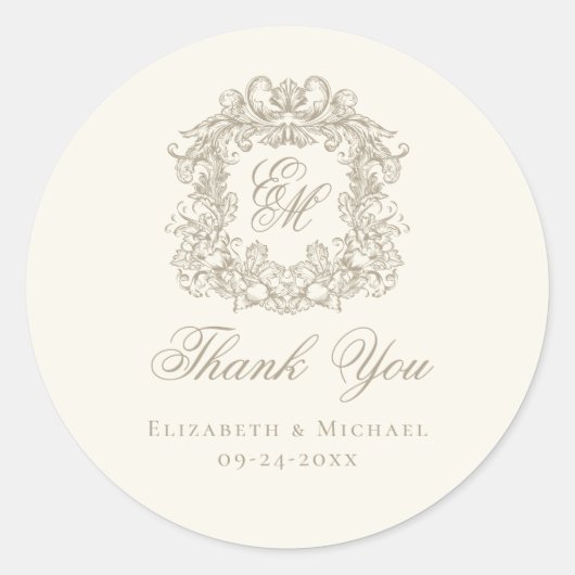 Ivory Taupe Monogram Wedding Crest Thank You Ronde Sticker (Voorkant)