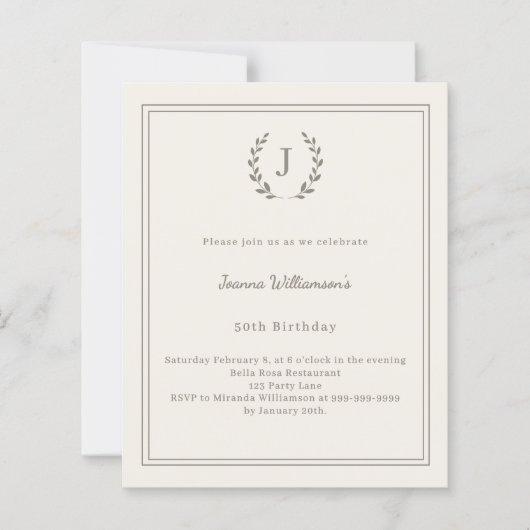 Ivory taupe monogram wreath birthday invitation (Voorkant)
