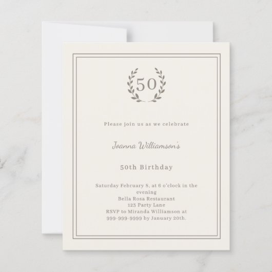 Ivory taupe monogram wreath birthday invitation (Voorkant)