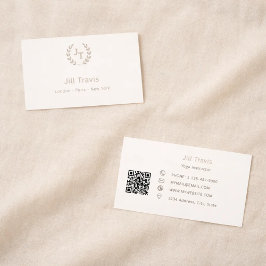 Ivory taupe monogram wreath modern minimalst QR Visitekaartje